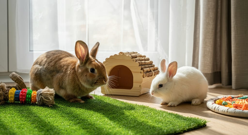 Две малки зайчета – едното бяло, другото кафяво – стоят извън малка къщичка за зайци. До тях има играчка, с която изглеждат сякаш играят заедно.
