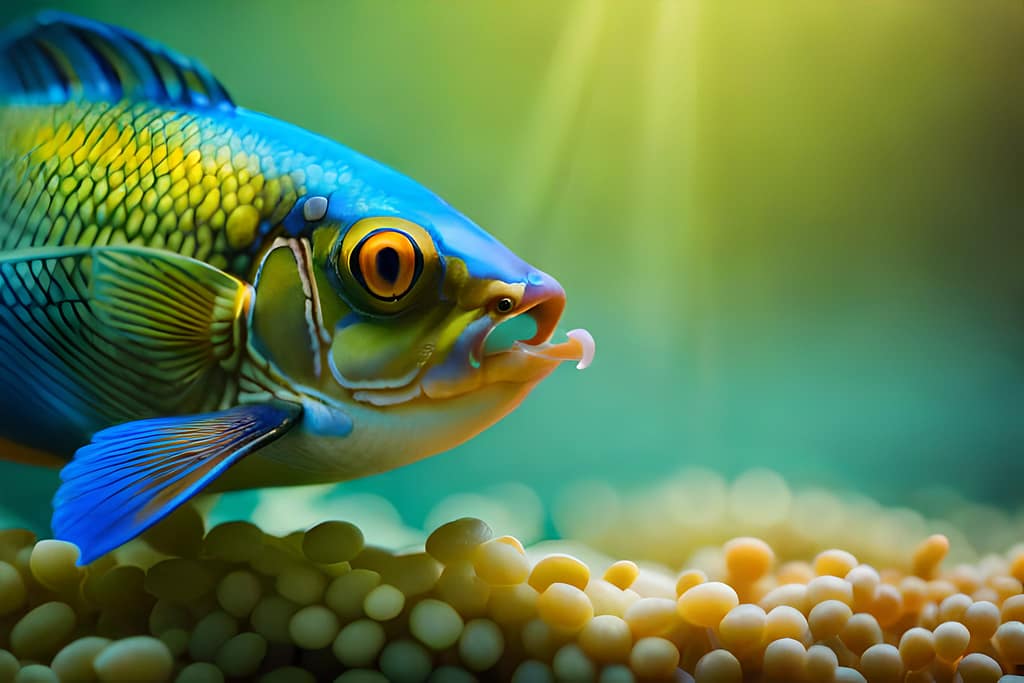 Човек храни риби в аквариум с гранулирана храна