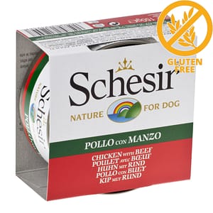 Schesir Dog Chicken Fillets with Beef -Пилешки филенца и говеждо в желе- консерва за кучета 150гр
