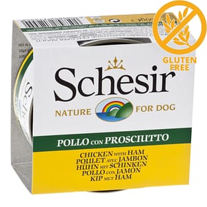 Schesir Dog Chicken Fillets with Ham -Пилешки филенца и прошуто в желе- консерва за кучета 150гр
