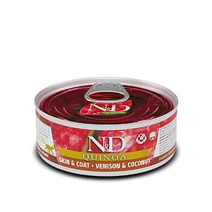 КонсерваN&D CAT ADULT SKIN&COAT QUINOA VENISON&COCONUT-пълноценна мокра храна за котки в зряла възраст с киноа за здрава кожа за козина с еленско и кокос 80 гр.