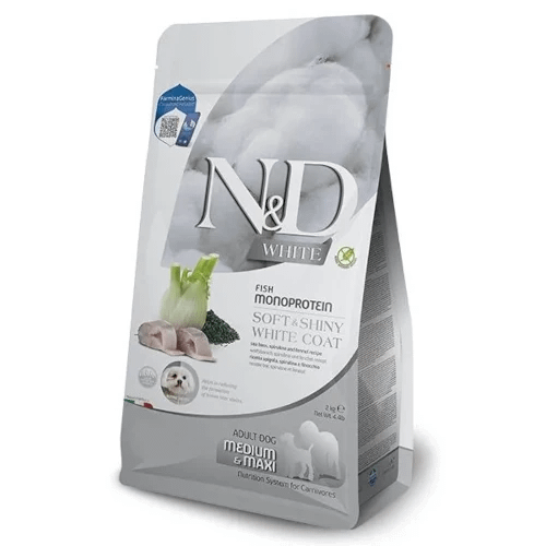 N&D DOG WHITE SPIRULINA MED/MAXI AD 7 kg- бяло куче,с лаврак и фенел