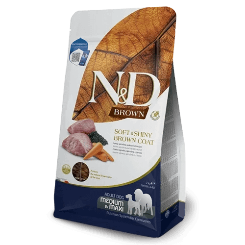 N&D BROWN DOG SPIRULINA MED/MAXI AD 7 kg- кафяво куче ,с агне и моркови