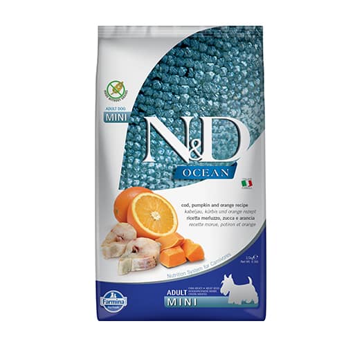 N&D DOG OCEAN ADULT MINI PUMPKIN 2.5KGкуче,тиква с риба треска и портокал