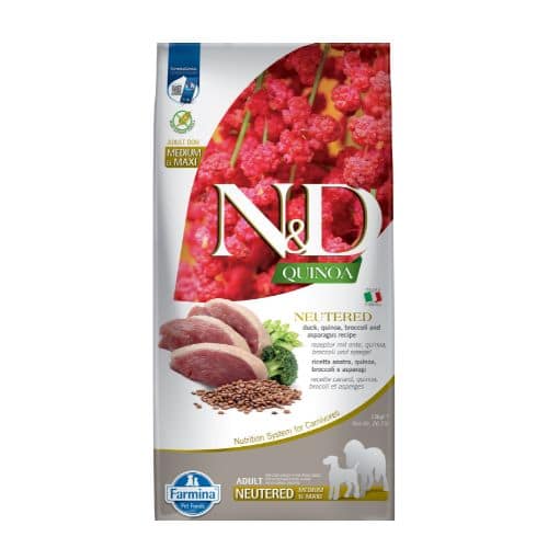 N&D DOG QUINOA NEUTERED DUCK, BROC.&ASPAR. ADULT MED&MAXI 12 KG- кастр. куче с патица , броколи